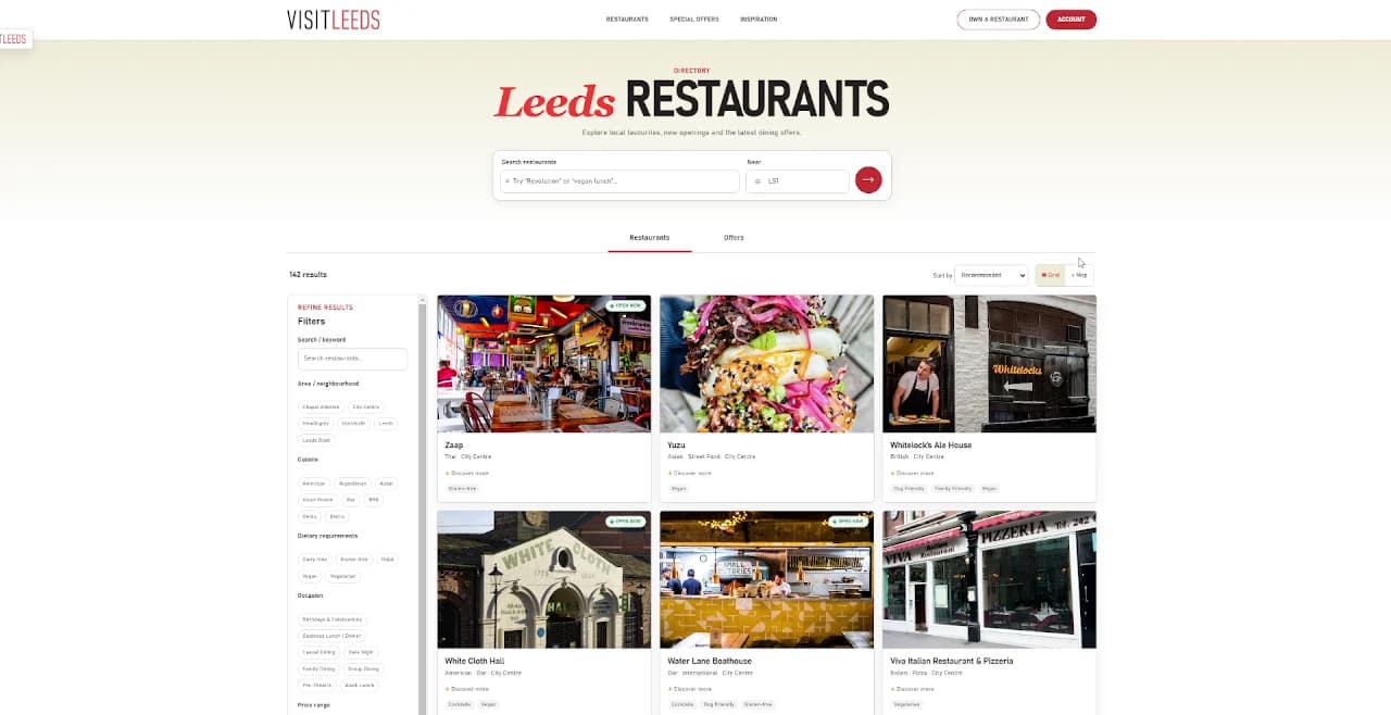 The Leeds Restaurants page with search, Restaurants and Offers tabs, filters and restaurant cards