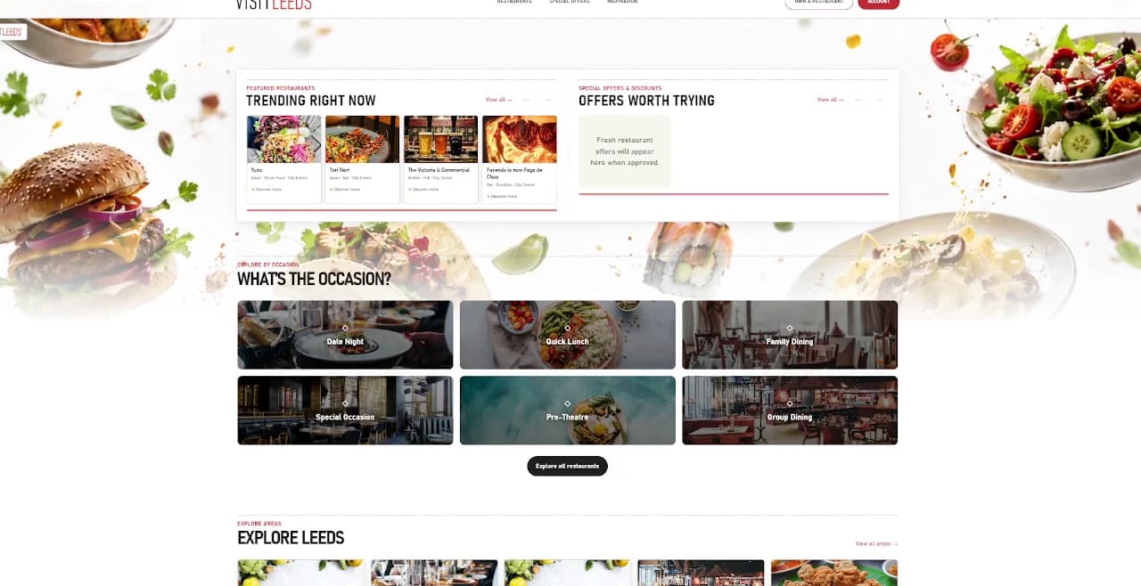 Trending restaurants and offers, above a What's the occasion? grid of six photo tiles