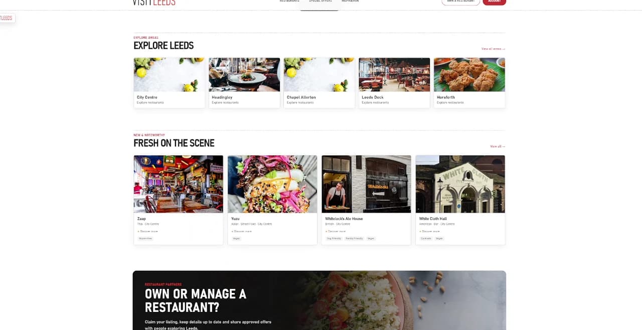 The Own or manage a restaurant? panel with Manage your listing and Submit an offer buttons